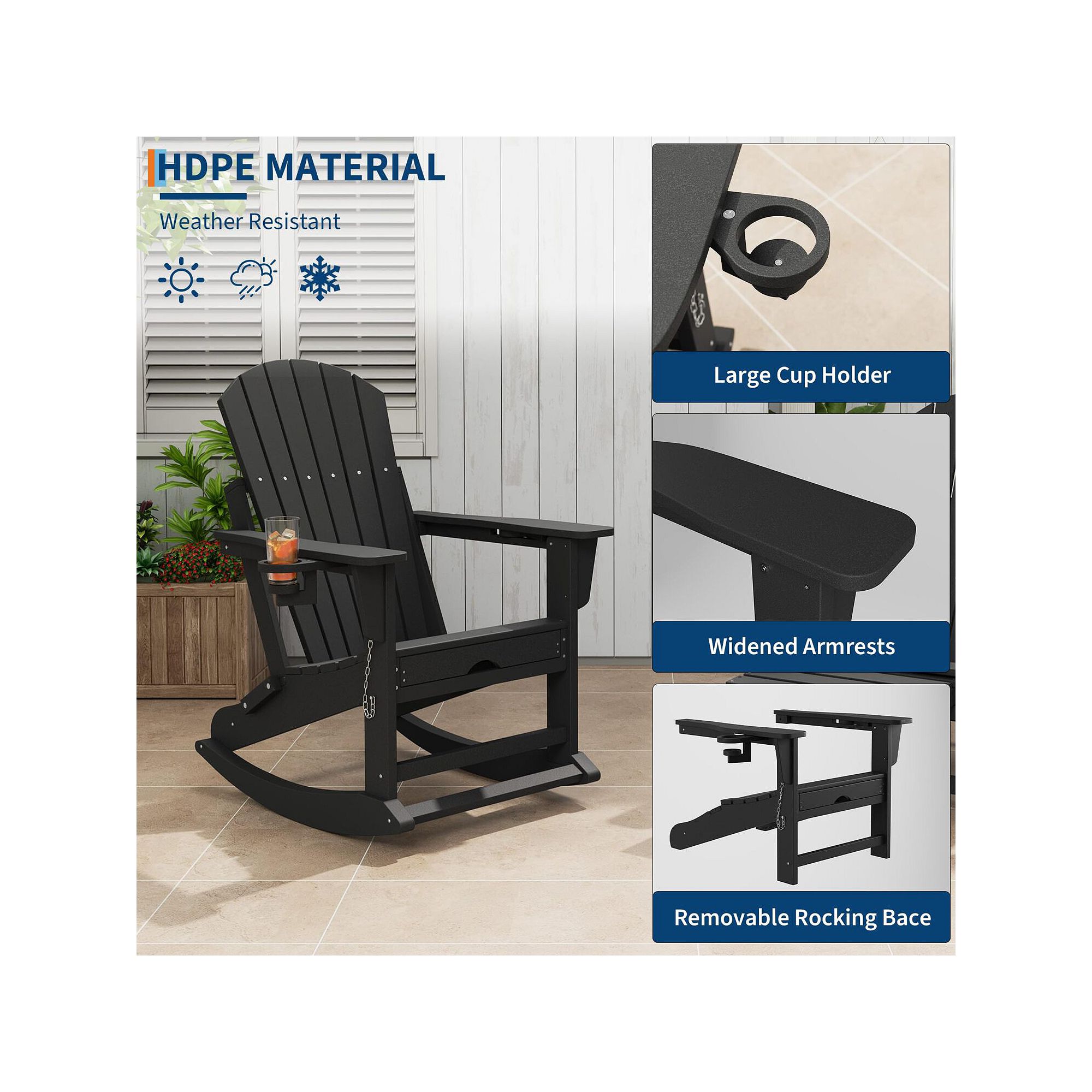 HDPE material features and removable rocking base diagram