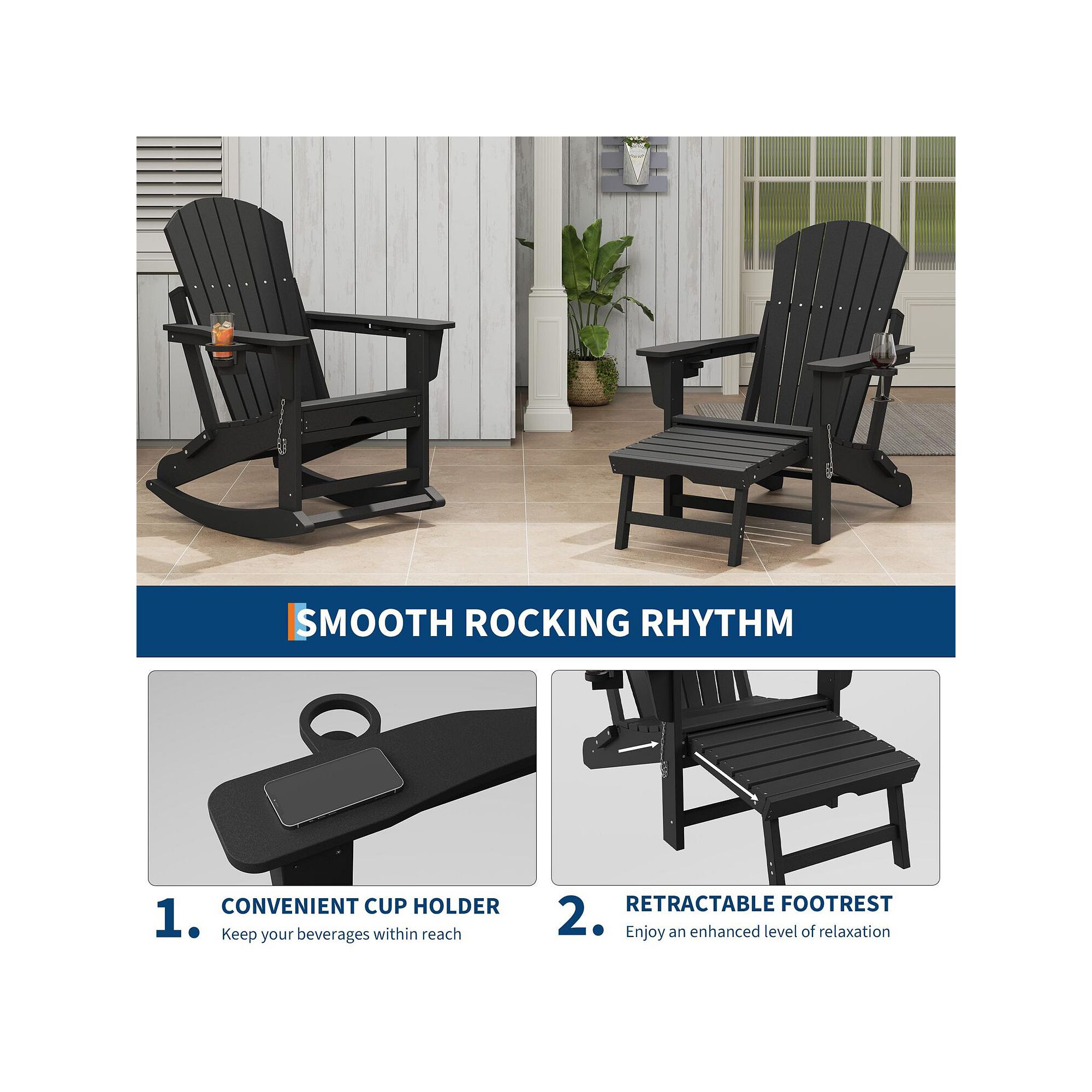 Smooth rocking rhythm features and cup holder illustrations