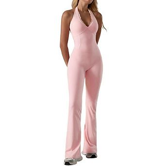 Women's Lace Deep V Halter Backless Jumpsuit Scrunch Flare Yoga Gym Outfit