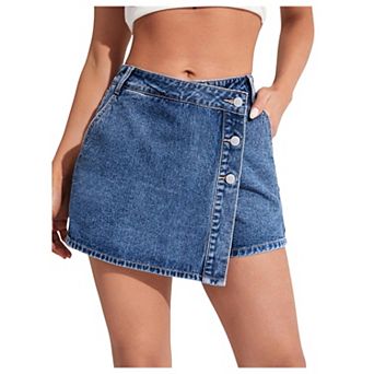 Women's High Waisted Button Front Denim Skort Asymmetrical Hem Skirt Shorts
