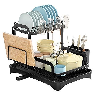 2 Tier Dish Drying Rack with Drainboard and Utensil Holder Organizer Set