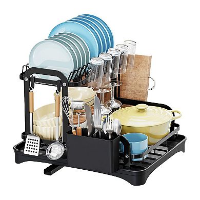 2 Tier Dish Drying Rack with Drainboard and Utensil Holder Organizer Set
