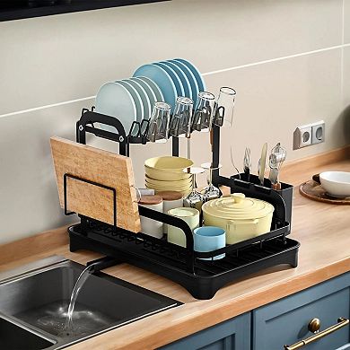 2 Tier Dish Drying Rack with Drainboard and Utensil Holder Organizer Set