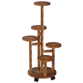 5 tier Wooden Rolling Plant Stand with Wheels for Indoor Outdoor Use