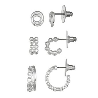 Nine West 3-Pair Silver Tone Stud & Hoop Earring Set