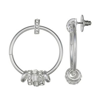 Nine West Silver Tone Crystal Doorknocker Hoop Earrings
