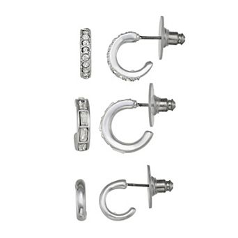 Nine West 3-Pair Silver Tone Crystal Hoop Earring Set