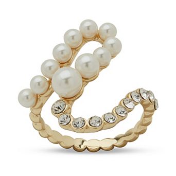 Emily in Paris Gold Tone Simulated Pearl & Rhinestone Double Loop Ring
