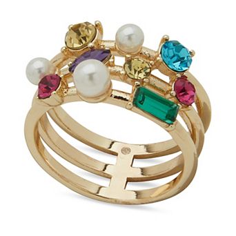Emily in Paris Gold Tone Simulated Pearl & Multicolor Rhinestone Stackable Ring