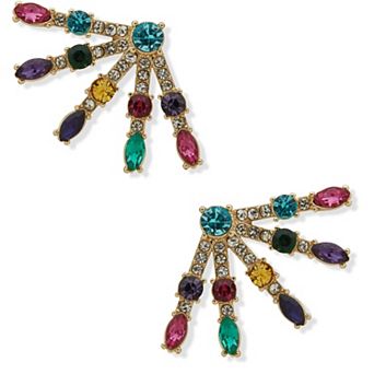 Emily in Paris Gold Tone Multicolor Rhinestone Fan Crawler Earrings