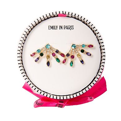 Emily in Paris Gold Tone Multicolor Rhinestone Fan Crawler Earrings