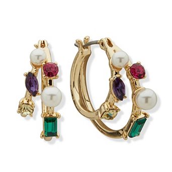 Emily in Paris Gold Tone Simulated Pearl & Multicolor Rhinestone Cluster Hoop Earrings