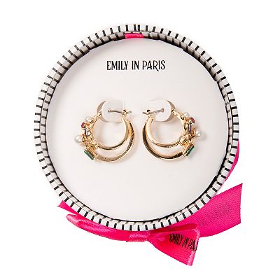 Emily in Paris Gold Tone Simulated Pearl & Multicolor Rhinestone Cluster Hoop Earrings