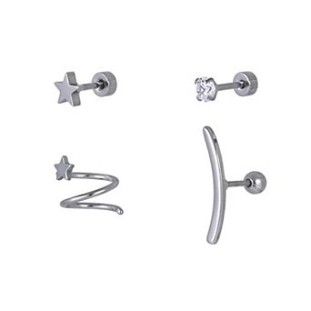 Emberly 4 pc Stainless Steel Spiral & Climber Cartilage Earrings Set
