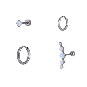 Emberly 4 pc Stainless Steel Glass Climber & Click-It Hoop Cartilage Earring Set