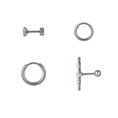 Emberly 4-Piece Stainless Steel Glass Climber & Click-It Hoop Cartilage Earring Set