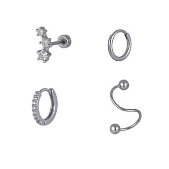 Emberly 4 pc Stainless Steel Spiral & Click-It Hoop & Flat Back Stud Cartilage Earring Set