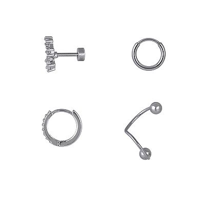 Emberly 4-Piece Stainless Steel Spiral & Click-It Hoop & Flat Back Stud Cartilage Earring Set