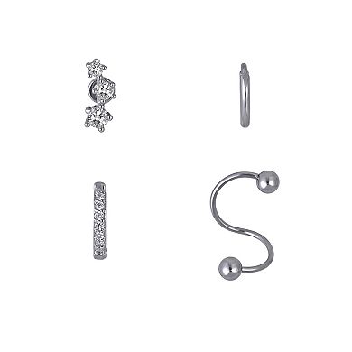 Emberly 4-Piece Stainless Steel Spiral & Click-It Hoop & Flat Back Stud Cartilage Earring Set