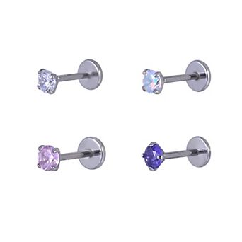 Emberly 4 pc Stainless Steel Cubic Zirconia Flat Back Nose Ring Set