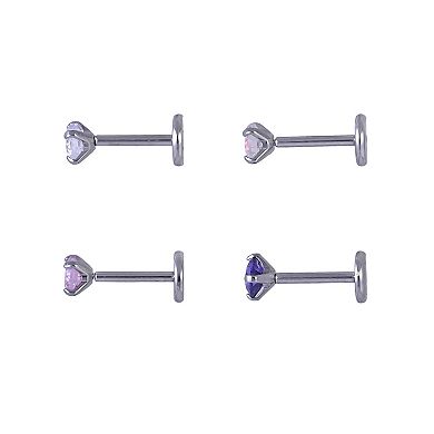 Emberly 4-Piece Stainless Steel Cubic Zirconia Flat Back Nose Ring Set