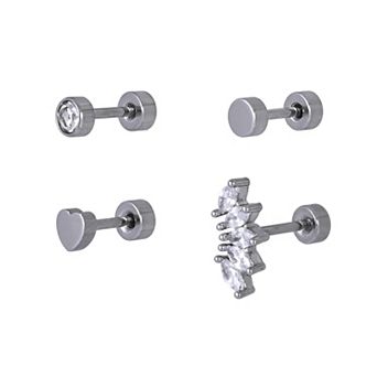 Emberly 4 pc Stainless Steel Stone & Heart Flat Back Stud Cartilage Earring Set