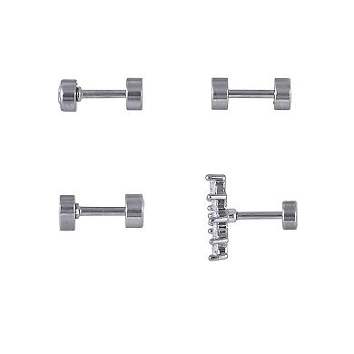 Emberly 4-Piece Stainless Steel Stone & Heart Flat Back Stud Cartilage Earring Set