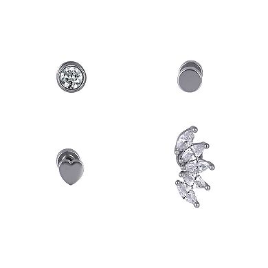Emberly 4-Piece Stainless Steel Stone & Heart Flat Back Stud Cartilage Earring Set
