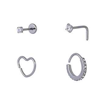 Emberly 4 pc Stainless Steel L-Bend & Heart Split Hoop Nose Ring Set