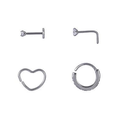 Emberly 4-Piece Stainless Steel L-Bend & Heart Split Hoop Nose Ring Set