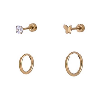 Emberly 4 pc Gold Tone Stainless Steel Click-It Hoops & Butterfly Flat Back Stud Cartilage Earring Set