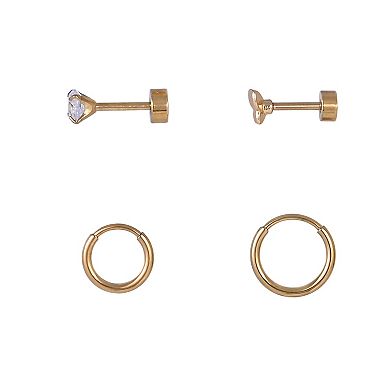 Emberly 4-Piece Gold Tone Stainless Steel Click-It Hoops & Butterfly Flat Back Stud Cartilage Earring Set