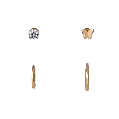 Emberly 4-Piece Gold Tone Stainless Steel Click-It Hoops & Butterfly Flat Back Stud Cartilage Earring Set