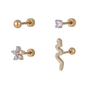 Emberly 4 pc Gold Tone Stainless Steel Flat Back Cartilage Earring Set