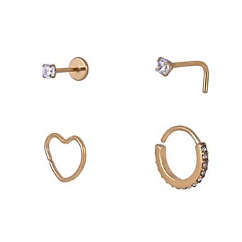 Emberly 4 pc Gold Tone Stainless Steel L-Bend & Heart Split Hoop Nose Ring Set