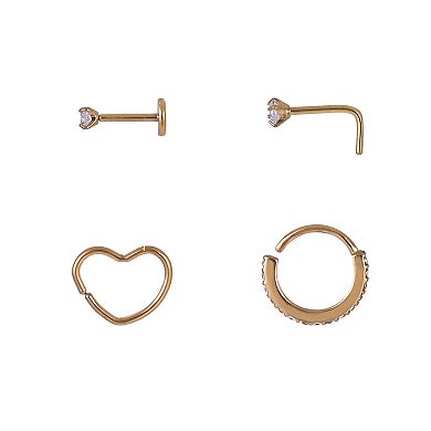 Emberly 4-Piece Gold Tone Stainless Steel L-Bend & Heart Split Hoop Nose Ring Set