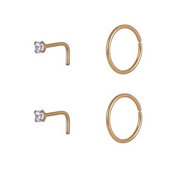 Emberly 4 pc Gold Tone Stainless Steel L-Bend & Split Hoop Nose Ring Set