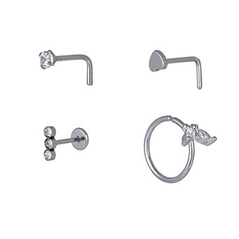 Emberly 4 pc Stainless Steel L-Bend & Butterfly Split Hoop Nose Ring Set