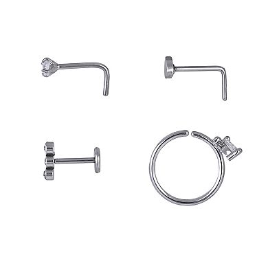Emberly 4-Piece Stainless Steel L-Bend & Butterfly Split Hoop Nose Ring Set