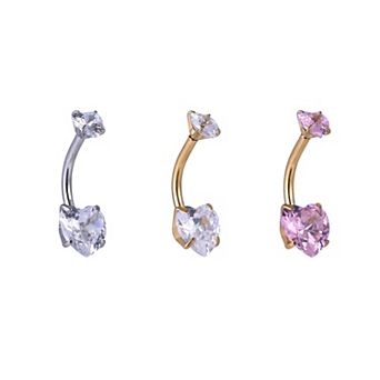 Emberly 3 pc Stainless Steel Heart Cubic Zirconia Curved Barbell Belly Ring Set