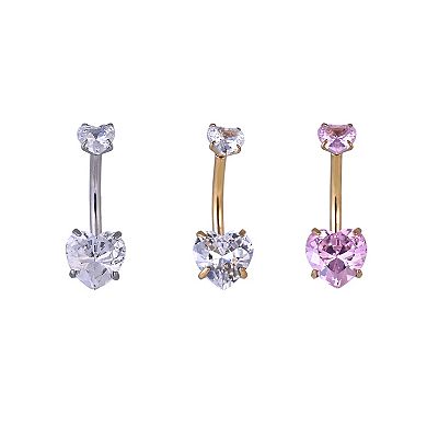 Emberly 3-Piece Stainless Steel Heart Cubic Zirconia Curved Barbell Belly Ring Set