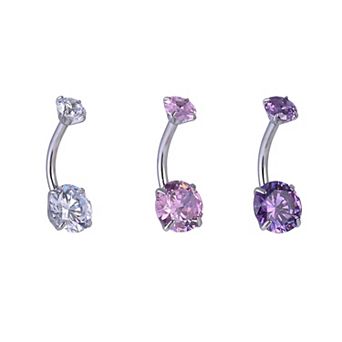 Emberly 3 pc Stainless Steel Cubic Zirconia Curved Barbell Belly Ring Set