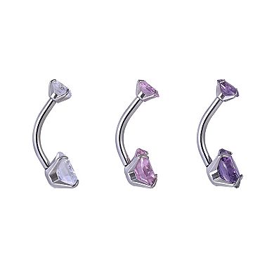 Emberly 3-Piece Stainless Steel Cubic Zirconia Curved Barbell Belly Ring Set