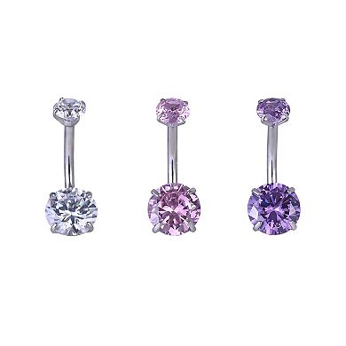 Emberly 3-Piece Stainless Steel Cubic Zirconia Curved Barbell Belly Ring Set