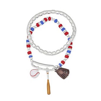 Get Spirited 2 pc Silver Tone Baseball Stretch Bracelet Set