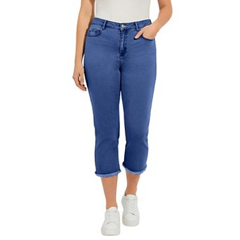Roaman's Women's Plus Size Straight-Leg Frayed Hem Cropped Capri Jean