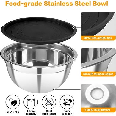 Great Ambitions Stainless Steel Mixing Bowl Set, 7-Piece Nesting Bowls with Lids (0.7-4.5 QT)
