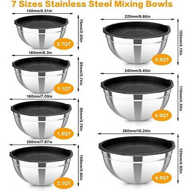 Great Ambitions Stainless Steel Mixing Bowl Set, 7-Piece Nesting Bowls with Lids (0.7-4.5 QT)