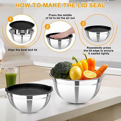 Great Ambitions Stainless Steel Mixing Bowl Set, 7-Piece Nesting Bowls with Lids (0.7-4.5 QT)