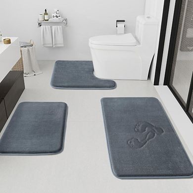 Great Ambitions Non-Slip Quick Dry Bath Rug Set 3pc, Soft Velvet Bath Mats Grey